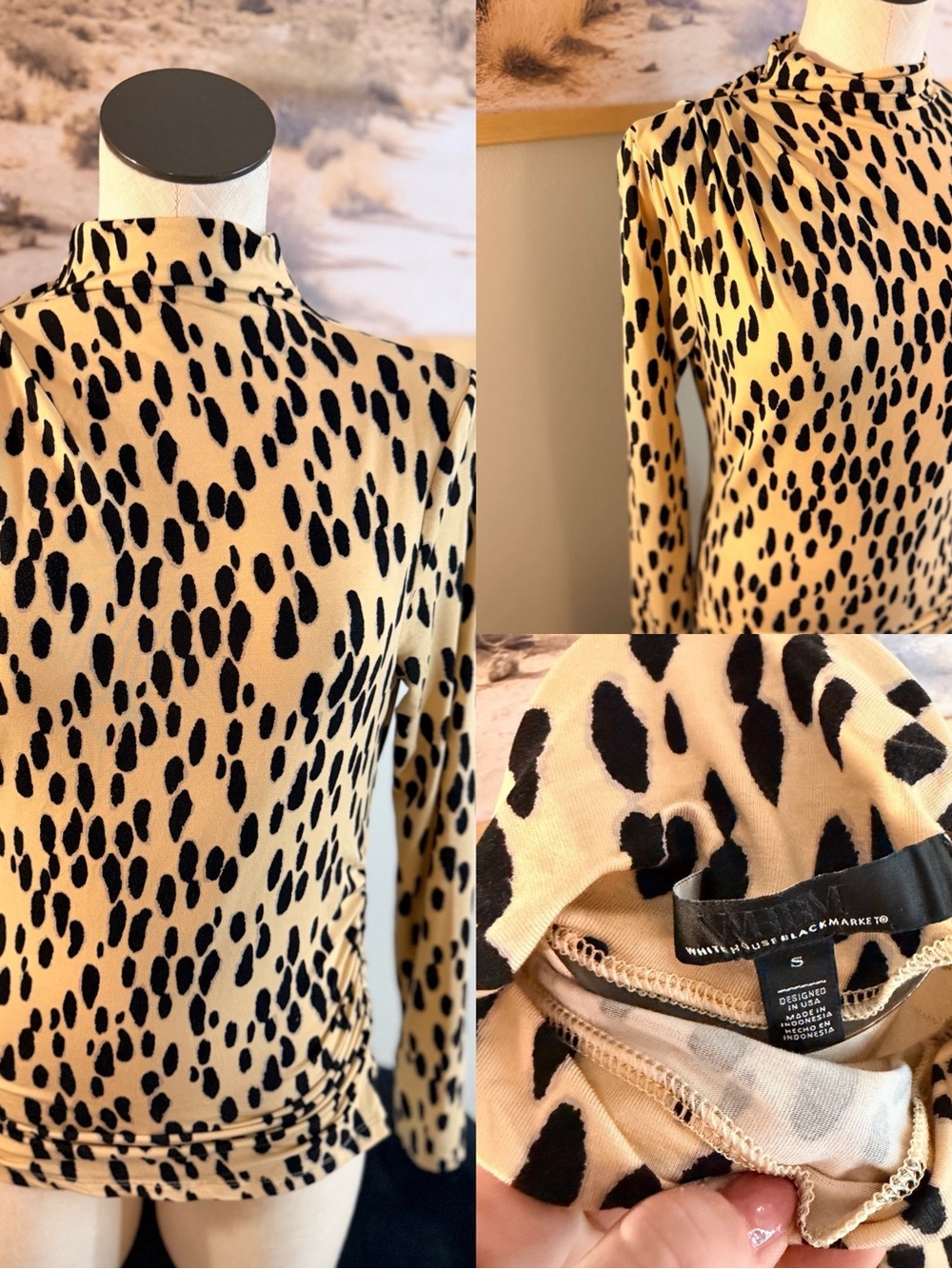 White House Black Market Tan and Black Leopard Print Mock Neck Top